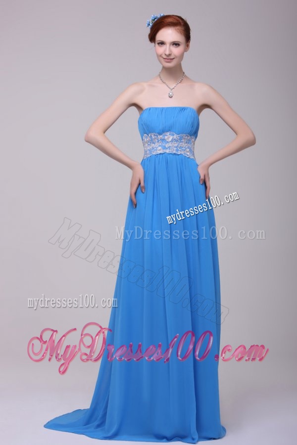 Teal Strapless Empire Chiffon Appliques Evening Dress with Brush Train