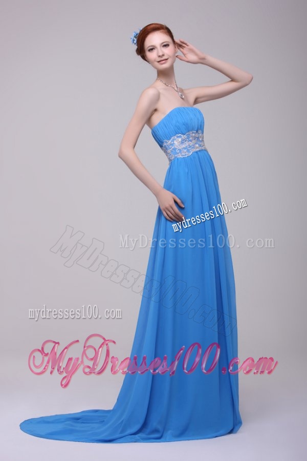 Teal Strapless Empire Chiffon Appliques Evening Dress with Brush Train