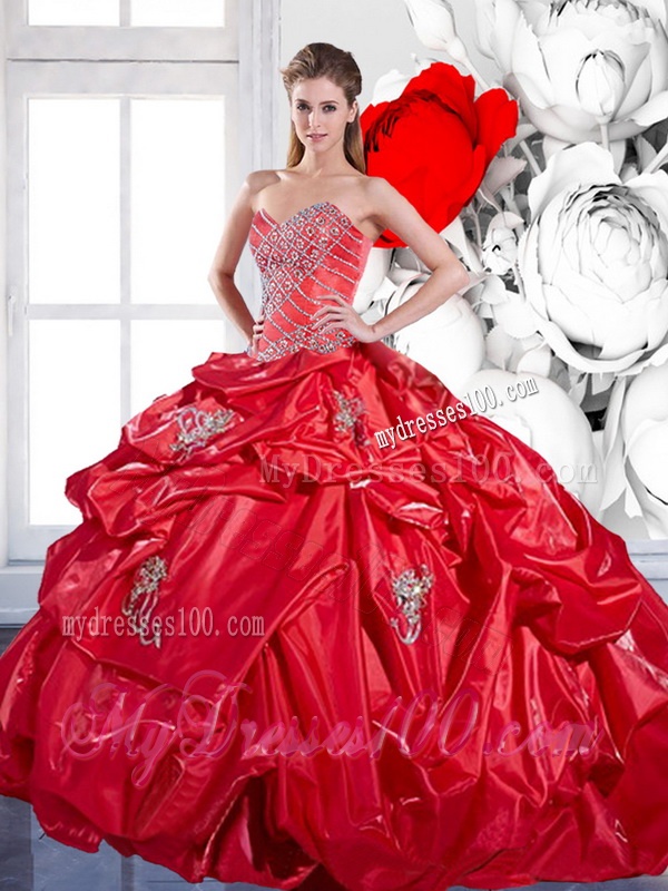 2016 Beading and Appliques Brush Train Red Quinceanera Dresses with Pick Ups