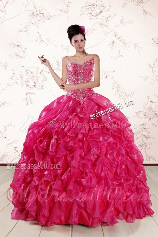 2016 Beautiful Spaghetti Straps Beading Quinceanera Dresses in Hot Pink