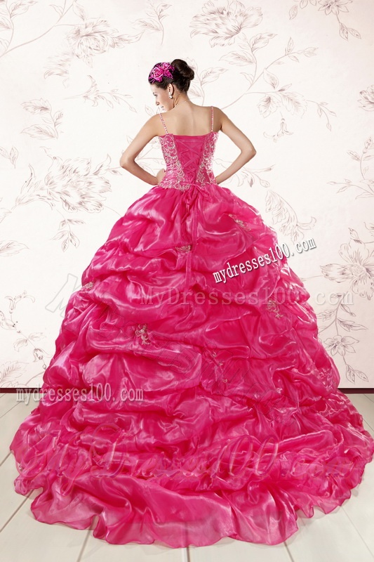 2016 Beautiful Spaghetti Straps Beading Quinceanera Dresses in Hot Pink