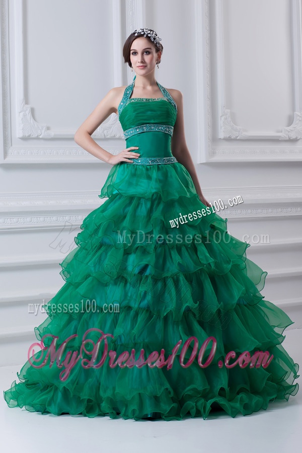 2016 Spring A-line Hater Top Beading and Appliques Green Quinceanera Dress