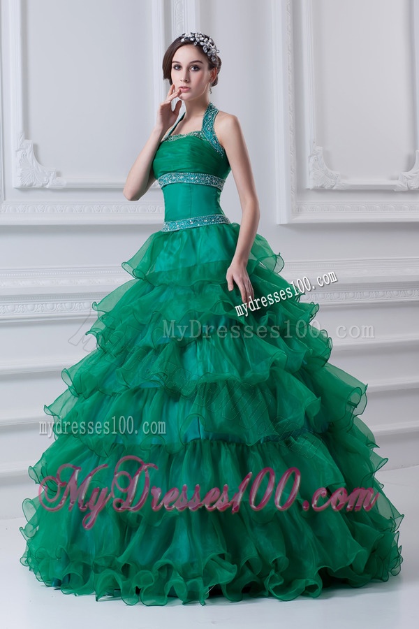 2016 Spring A-line Hater Top Beading and Appliques Green Quinceanera Dress