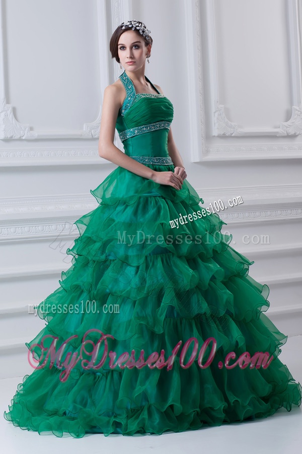 2016 Spring A-line Hater Top Beading and Appliques Green Quinceanera Dress