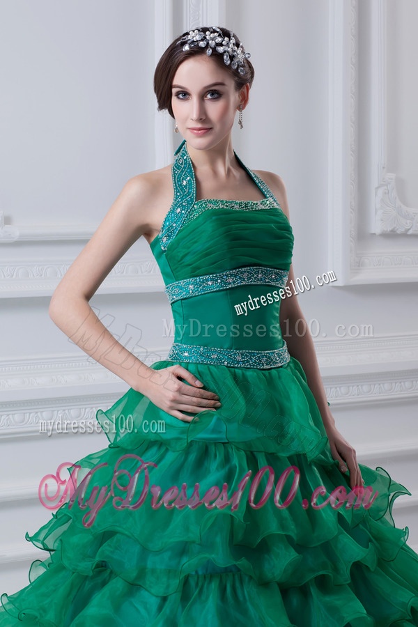 2016 Spring A-line Hater Top Beading and Appliques Green Quinceanera Dress