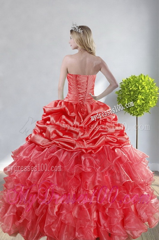 2016 Top Seller Watermelon Red Quinceanera Dresses with Appliques and Ruffles