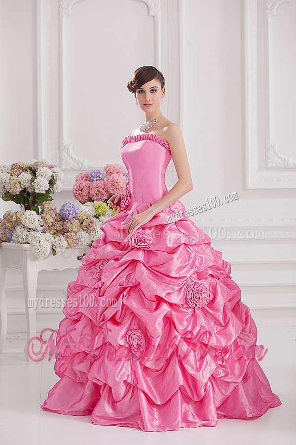 Ball Gown Strapless Pick-ups Rose Pink Quinceanera Dress with Hand Made Flowers