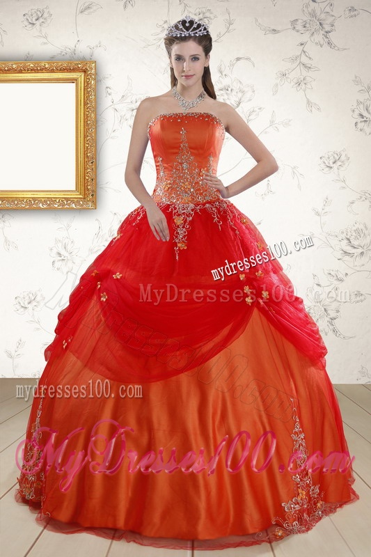 Beautiful Strapless Appliques Sweet 16 Dresses in Orange Red