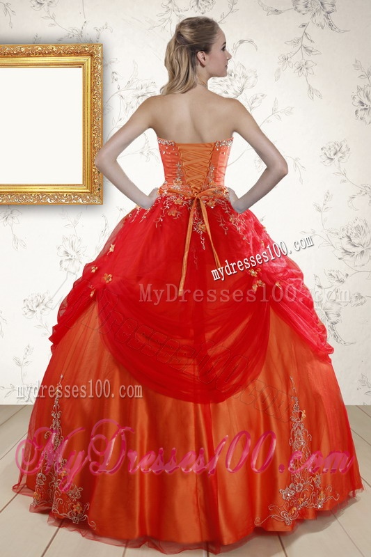 Beautiful Strapless Appliques Sweet 16 Dresses in Orange Red