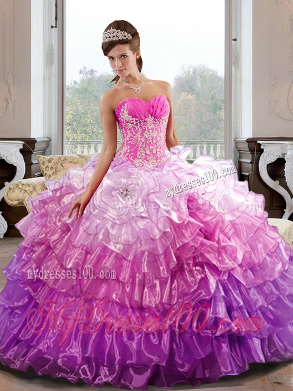 Colorful Sweetheart 2016 Quinceanera Dress with Appliques and Ruffled Layers