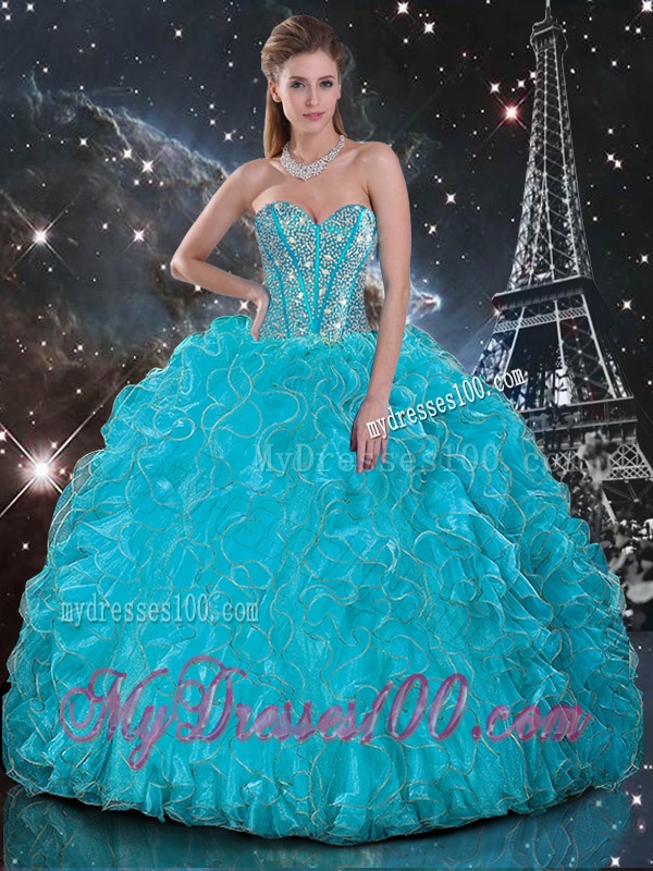Discount Aqua Blue Sweetheart Quinceanera Gowns with Beading and Ruffles