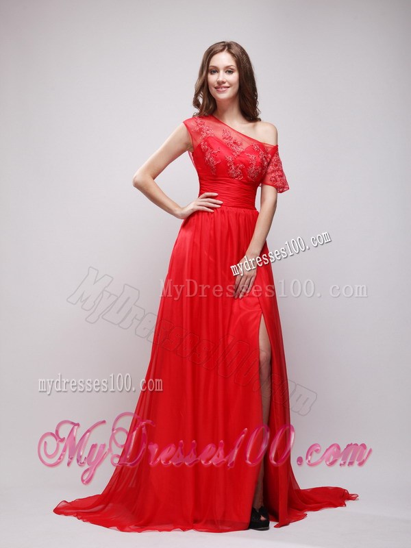 Bright Red Empire Asymmetrical 2013 Celebrity Dress with Appliques