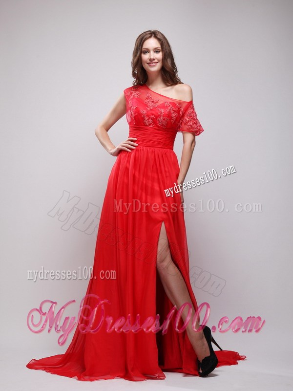 Bright Red Empire Asymmetrical 2013 Celebrity Dress with Appliques