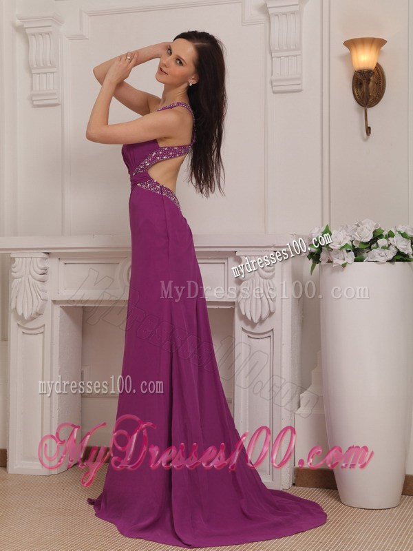 Fuchsia Column One Shoulder Brush Train Beading Celebrity Dress