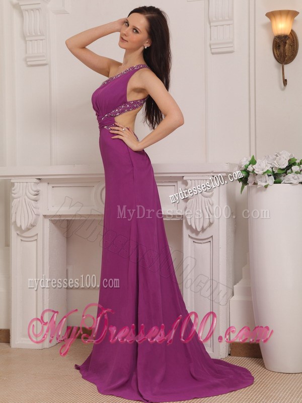 Fuchsia Column One Shoulder Brush Train Beading Celebrity Dress