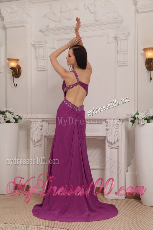 Fuchsia Column One Shoulder Brush Train Beading Celebrity Dress
