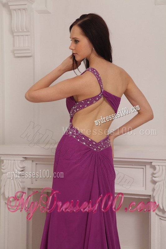 Fuchsia Column One Shoulder Brush Train Beading Celebrity Dress
