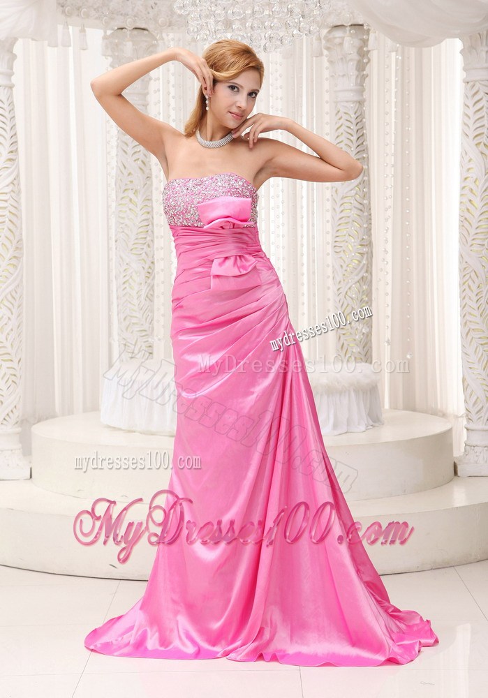 Pink Beaded Decorate Bust Ruched Bodice Brush Train 2013 Celebrity Dress