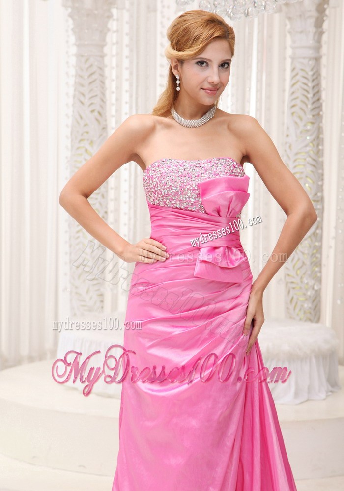 Pink Beaded Decorate Bust Ruched Bodice Brush Train 2013 Celebrity Dress