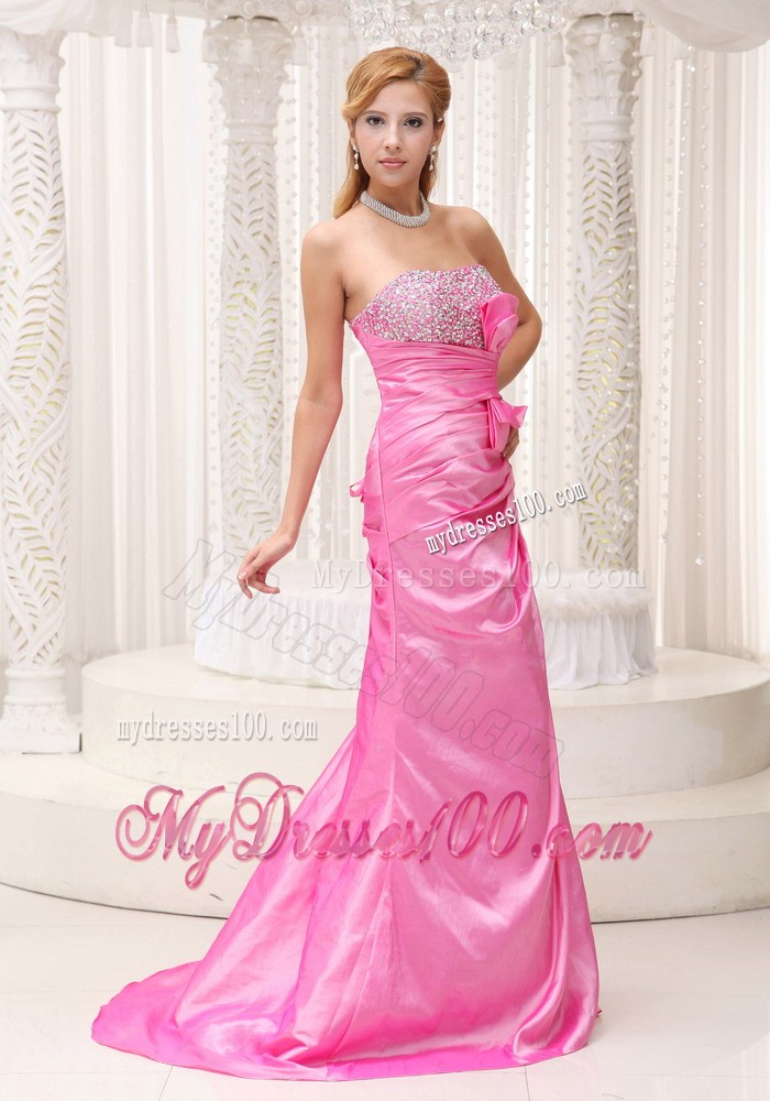 Pink Beaded Decorate Bust Ruched Bodice Brush Train 2013 Celebrity Dress