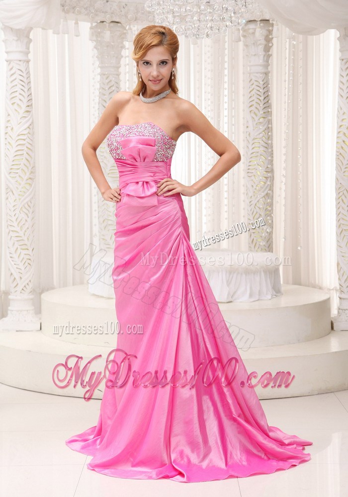 Pink Beaded Decorate Bust Ruched Bodice Brush Train 2013 Celebrity Dress