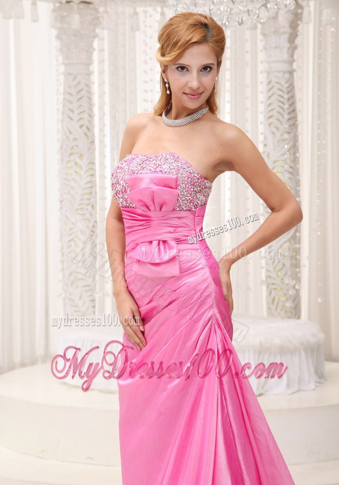 Pink Beaded Decorate Bust Ruched Bodice Brush Train 2013 Celebrity Dress