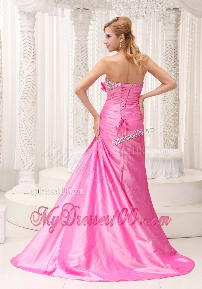 Pink Beaded Decorate Bust Ruched Bodice Brush Train 2013 Celebrity Dress