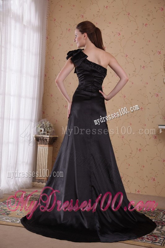 Luxurious black A-line / Princess One Shoulder Court Train Prom / Celebrity Dress