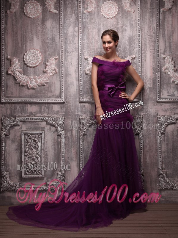 Dark Purple Mermaid Off The Shoulder Brush Train Celebrity Dress 2013