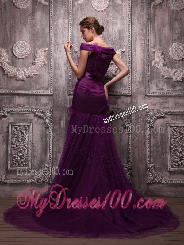 Dark Purple Mermaid Off The Shoulder Brush Train Celebrity Dress 2013