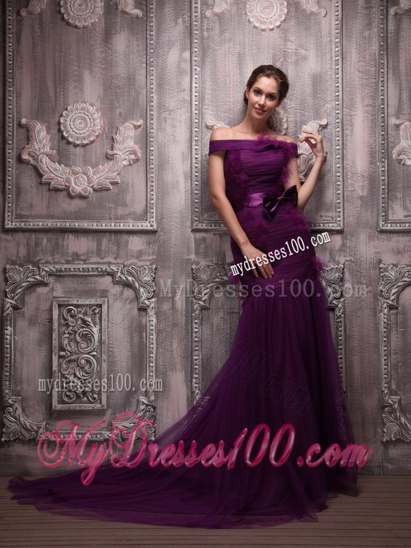 Dark Purple Mermaid Off The Shoulder Brush Train Celebrity Dress 2013