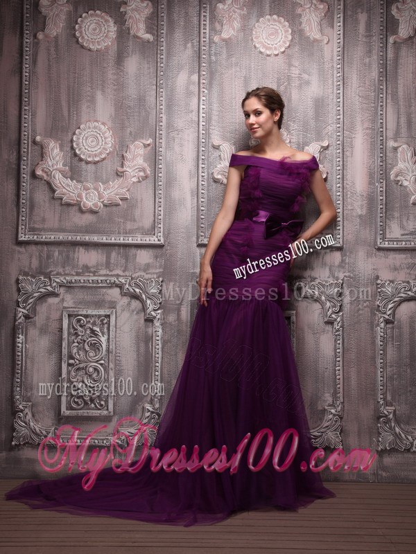 Dark Purple Mermaid Off The Shoulder Brush Train Celebrity Dress 2013