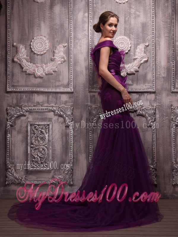 Dark Purple Mermaid Off The Shoulder Brush Train Celebrity Dress 2013