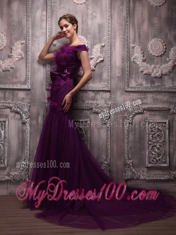 Dark Purple Mermaid Off The Shoulder Brush Train Celebrity Dress 2013