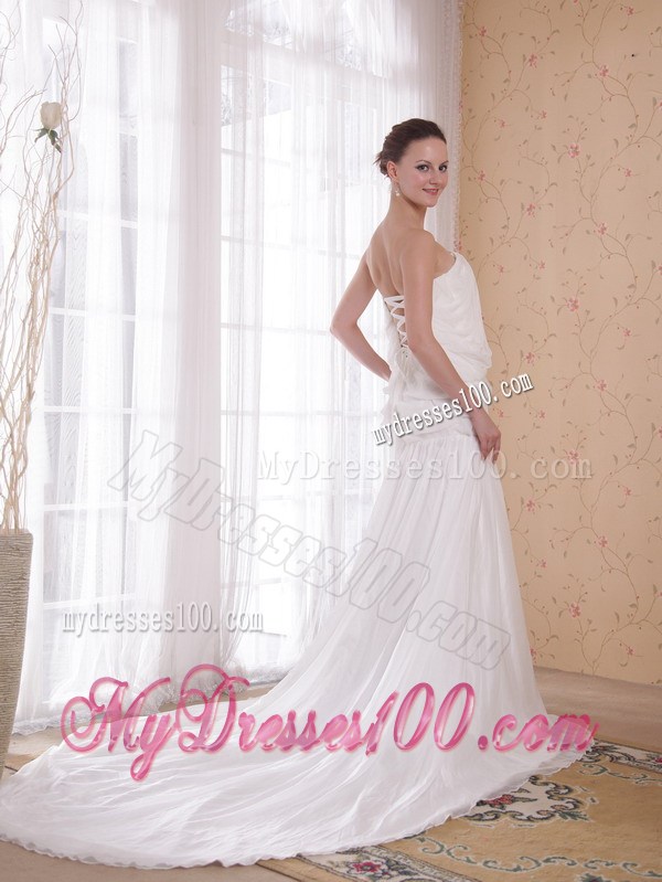 White Princess Strapless Chapel Train Rhinestones Prom Celebrity Dress
