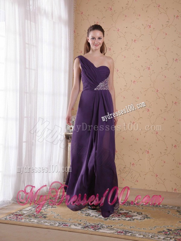 Purple Empire One Shoulder Floor-length Beading Ruched Celebrity Dress