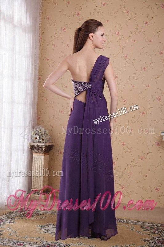Purple Empire One Shoulder Floor-length Beading Ruched Celebrity Dress