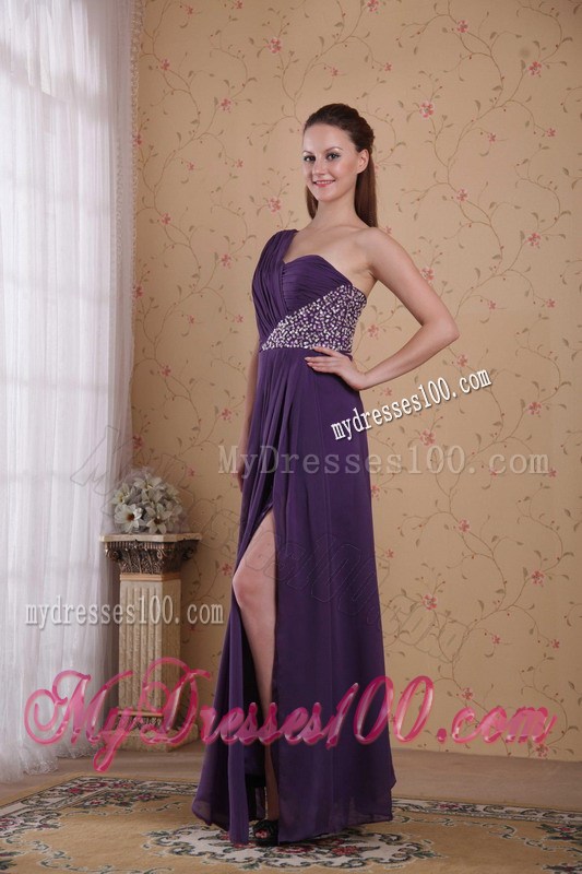 Purple Empire One Shoulder Floor-length Beading Ruched Celebrity Dress