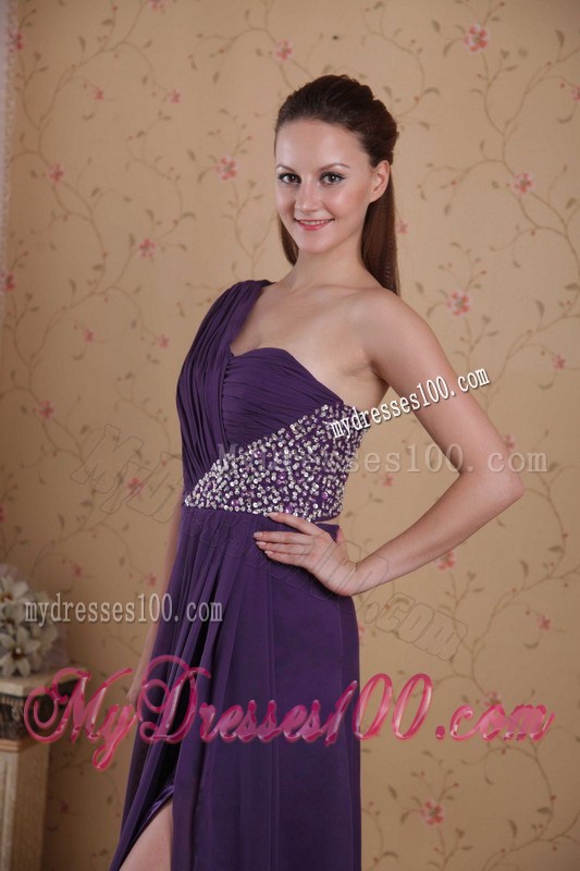 Purple Empire One Shoulder Floor-length Beading Ruched Celebrity Dress