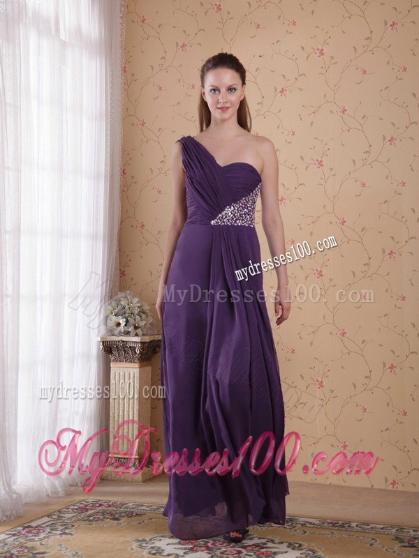 Purple Empire One Shoulder Floor-length Beading Ruched Celebrity Dress