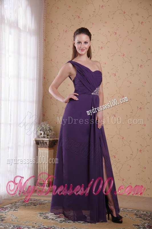 Purple Empire One Shoulder Floor-length Beading Ruched Celebrity Dress