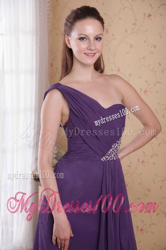 Purple Empire One Shoulder Floor-length Beading Ruched Celebrity Dress