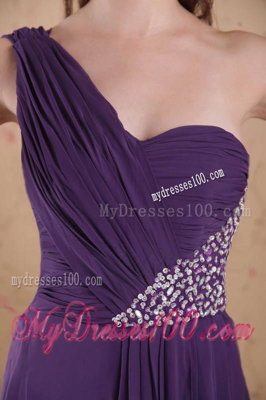 Purple Empire One Shoulder Floor-length Beading Ruched Celebrity Dress