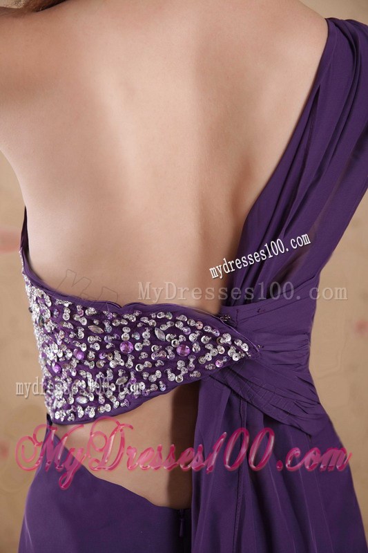 Purple Empire One Shoulder Floor-length Beading Ruched Celebrity Dress