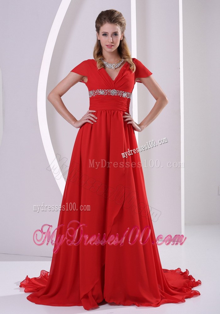 Red Beaded V-neck Court Train 2013 Celebrity Dress With Cap Sleeves