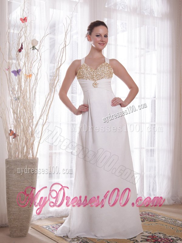 White Empire V-neck Brush Train Beading and Rhinestones Celebrity Dress
