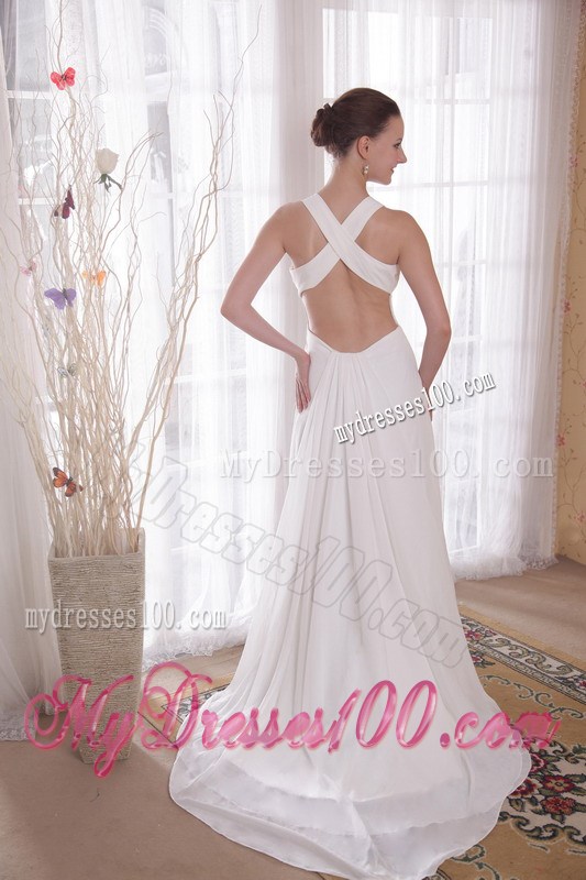 White Empire V-neck Brush Train Beading and Rhinestones Celebrity Dress