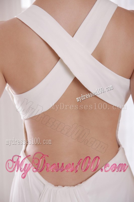 White Empire V-neck Brush Train Beading and Rhinestones Celebrity Dress