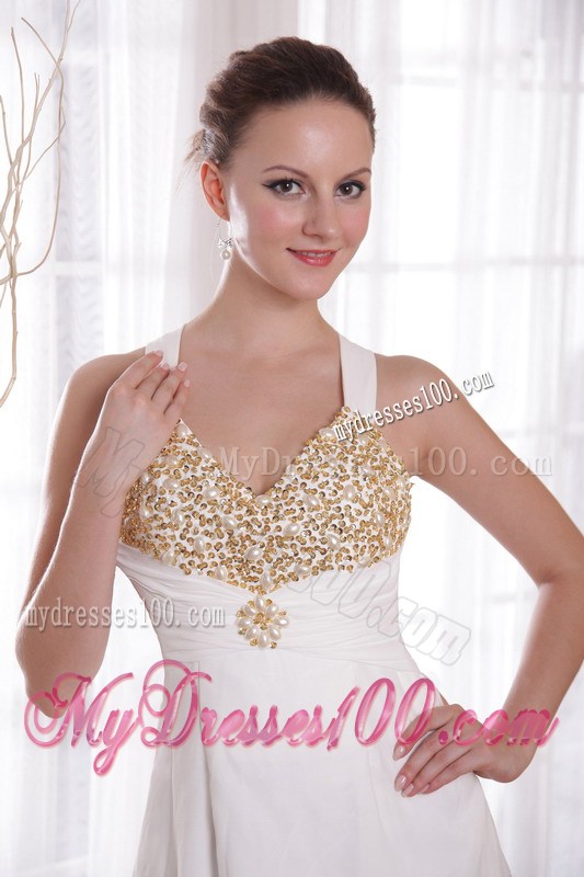 White Empire V-neck Brush Train Beading and Rhinestones Celebrity Dress