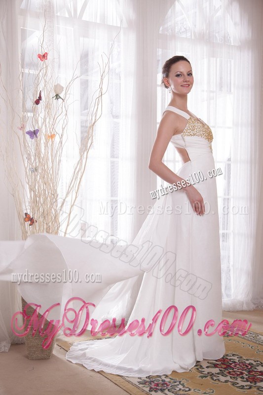 White Empire V-neck Brush Train Beading and Rhinestones Celebrity Dress